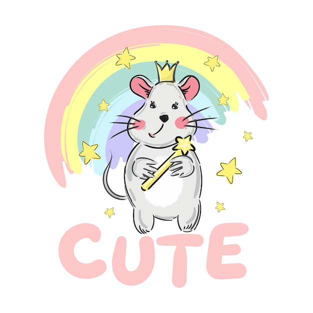 Imprimir dibujos animados lindo bebé ratón mascota con corona y estrellas en arco iris y texto Cute Kid rat vector print para niños o bebés diseño de camiseta Gráfico de impresión de moda Ilustración animal de dibujos animados
