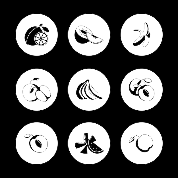 Imprimir diseño vector ilustración iconos frutas colección con colores blanco y negro. Lindo conjunto con