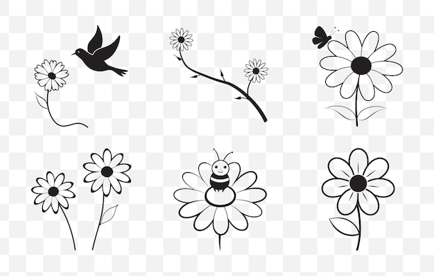 Imprimir elegante e intrincado Daisy Line Art Vector Set para proyectos de diseño creativo y artístico