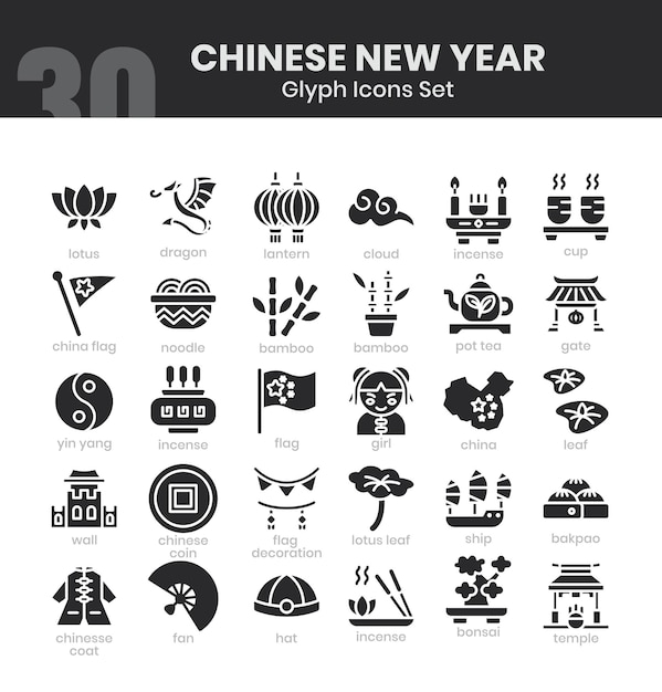 Imprimir Iconos del Año Nuevo Chino Conjunto Estilo de icono de glifo Ilustración vectorial