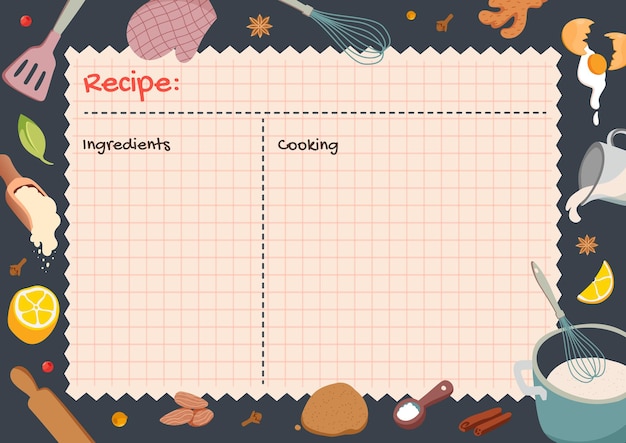 Imprimir plantillas de tarjetas de recetas para tomar notas sobre la preparación de alimentos e ingredientes de cocina Páginas vacías de libros de cocina decoradas con iconos y elementos de alimentos Ilustración plana vectorial