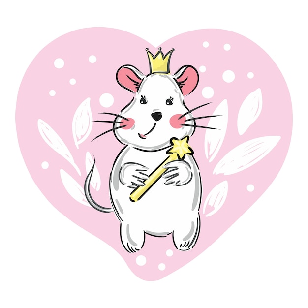 Imprimir ratón de bebé de dibujos animados lindo con corona y estrellas La impresión de vector de rata de niño se puede utilizar para el diseño de camisetas de niños o bebés Gráfico de impresión de moda Ilustración de animales de dibujos animados