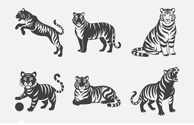 Imprimir el último conjunto vectorial de silueta de tigre diseños majestuosos y detallados