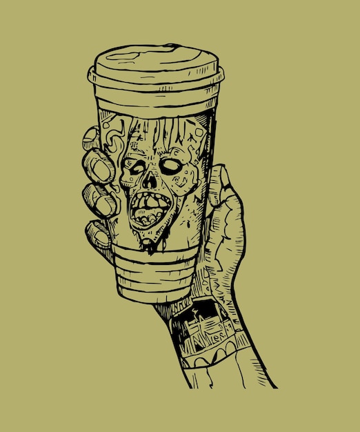 Imprimir Zombiehand Café dibujado a mano Ilustración de color vectorial de dibujos dibujados a mano