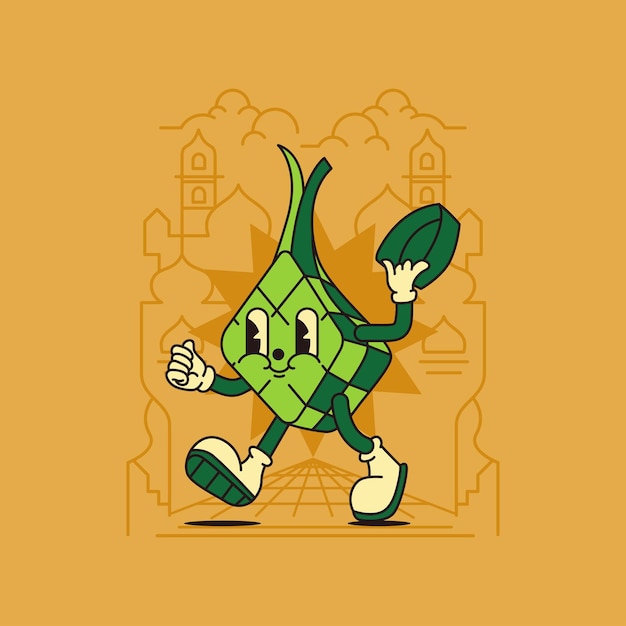 Vector imprimirir a la mezquita para celebrar el eid con la mascota ketupat