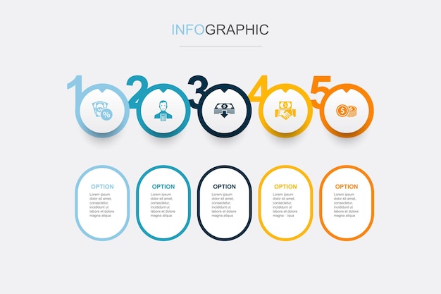 Impuestos Contador Depósito inversión Iconos de gastos Plantilla de diseño infográfico Concepto creativo con 5 pasos