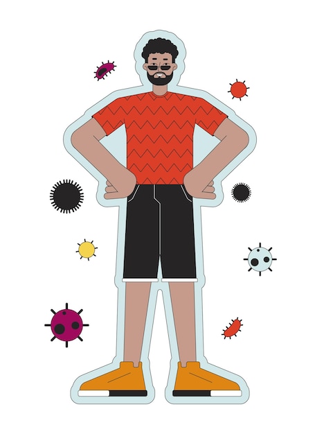 Impulsar el sistema inmunológico Concepto de ilustración lineal 2D Hombre adulto negro personaje de dibujos animados resistente aislado en blanco Protección contra el virus de la gripe metáfora resumen gráfico de contorno vectorial plano