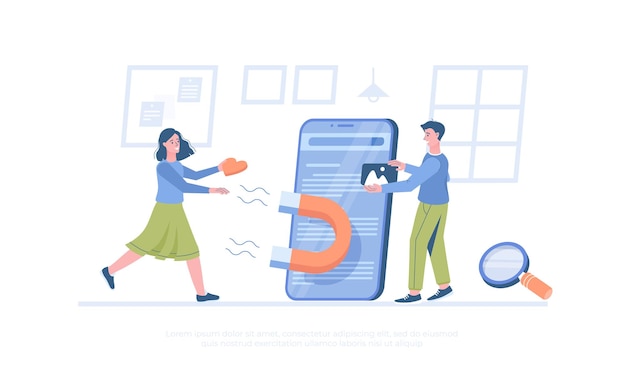 Inbound Marketing Marketer atrae a un cliente con contenido útil adaptado a las solicitudes de los usuarios Cartoon