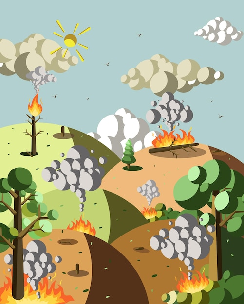 Incendio forestal destruyendo la naturaleza ilustración vectorial