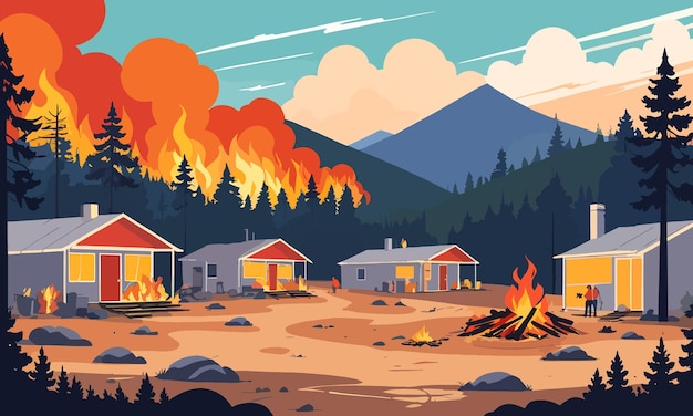 Vector incendios forestales inducidos por el calentamiento global en ilustración de vectores planos 2d