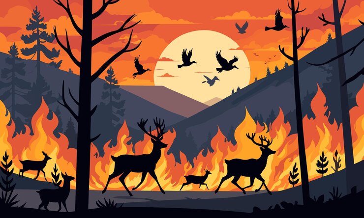 Vector incendios forestales inducidos por el calentamiento global en ilustración de vectores planos 2d