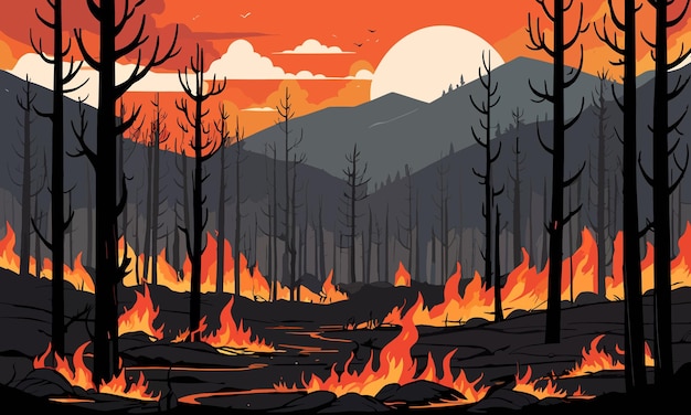 Vector incendios forestales inducidos por el calentamiento global en ilustración de vectores planos 2d