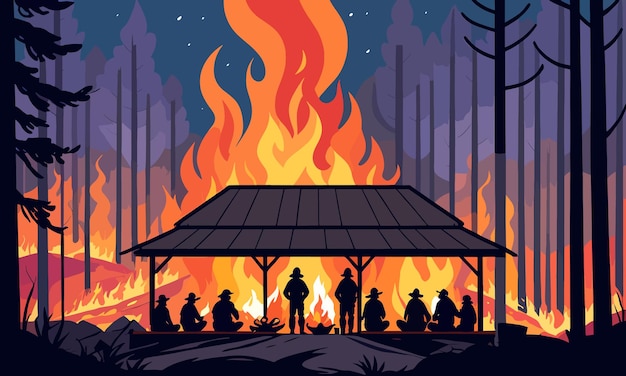 Incendios forestales inducidos por el calentamiento global en ilustración de vectores planos 2d