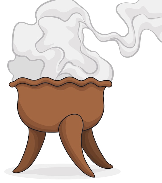 Incensario de copal de cerámica tradicional con tres patas quemando incienso al estilo de las caricaturas