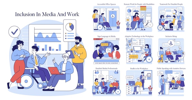 Inclusión en los medios de comunicación y el conjunto de trabajo diversidad y accesibilidad en entornos profesionales oficina