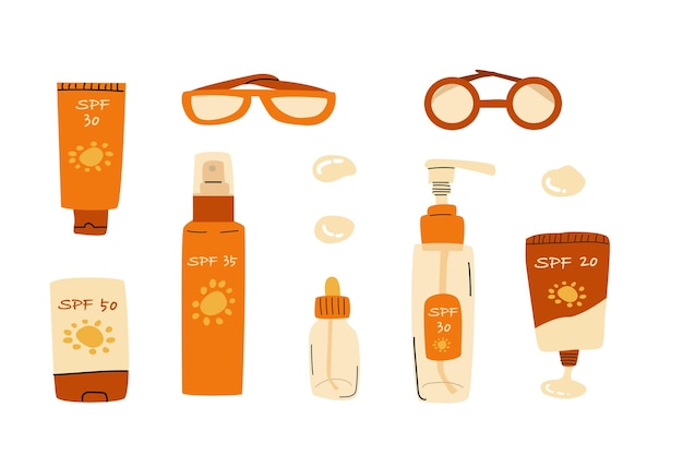 Vector se incluye el conjunto de productos cosméticos para la protección solar en ilustración vectorial de estilo plano.