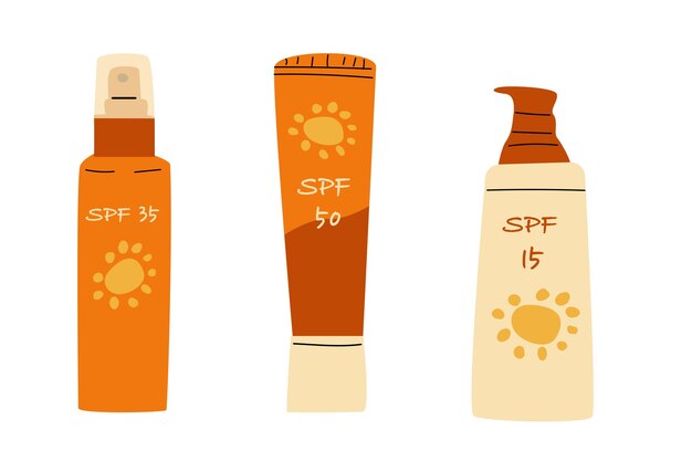 Se incluye un conjunto de tres cosméticos para la protección solar en ilustración vectorial de estilo plano.