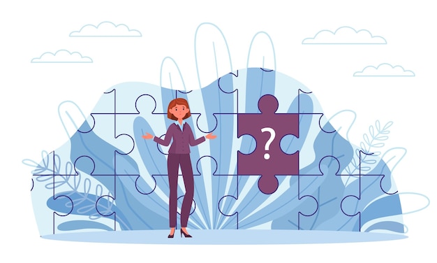 Incompletitud de la imagen parte faltante signo de pregunta Mujer recoge rompecabezas problema sin resolver encontrar elemento perdido para completar el trabajo sin terminar concepto de negocio plano de dibujos animados vectorial