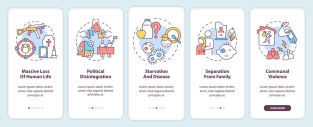 Incorporación de efectos de conflictos armados a la pantalla de la aplicación móvil Tutorial de pérdidas humanas masivas Páginas de instrucciones gráficas de 5 pasos con conceptos lineales UI UX Plantilla de GUI Myriad ProBold Fuentes regulares utilizadas