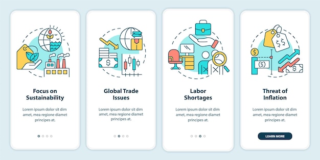 Incorporación de tendencias macroeconómicas a la pantalla de la aplicación móvil Tutorial de tendencias comerciales Páginas de instrucciones gráficas de 4 pasos con conceptos lineales Plantilla GUI UI UX Myriad ProBold Fuentes regulares utilizadas