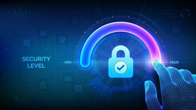 Increasing Security level Cyber security concept Network security Wireframe hand is pulling up to the maximum position circle progress bar with the lock icon Enhance data protection level Vector
