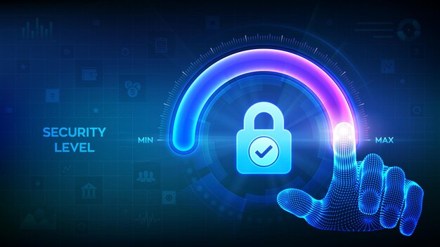 Increasing Security level Cyber security concept Network security Wireframe hand is pulling up to the maximum position circle progress bar with the lock icon Enhance data protection level Vector