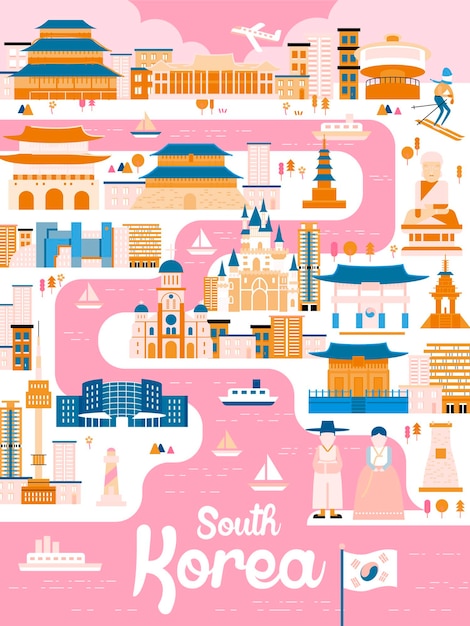 Increíble cartel de viaje de Corea del Sur en estilo plano