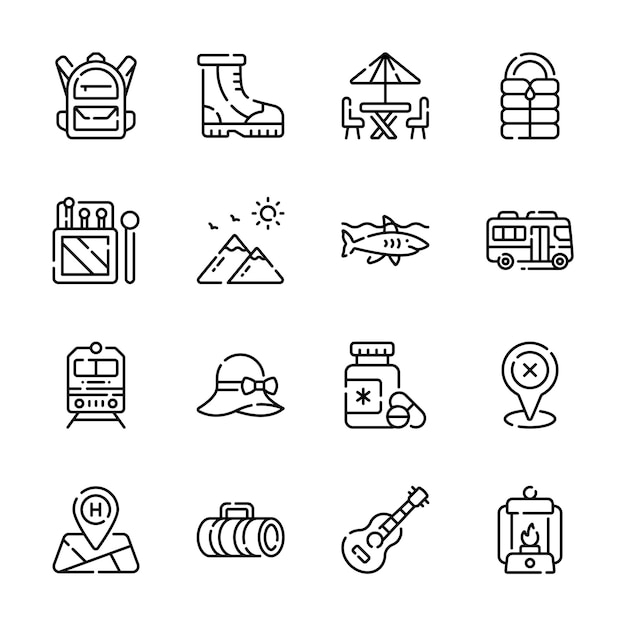 Un increíble conjunto de iconos perfectos para representar varios temas de recreación al aire libre y viajes