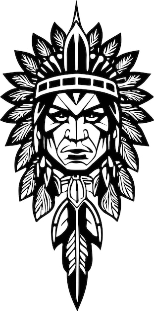 Un increíble y icónico jefe nativo americano en una ilustración vectorial en blanco y negro adecuada para lo