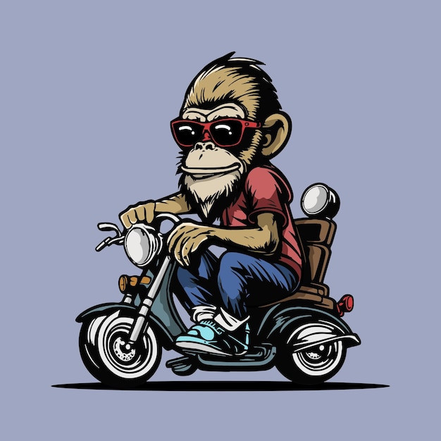 Increíble mono mono chimpancé montando y conduciendo motocicleta ilustración vectorial ilustraciones