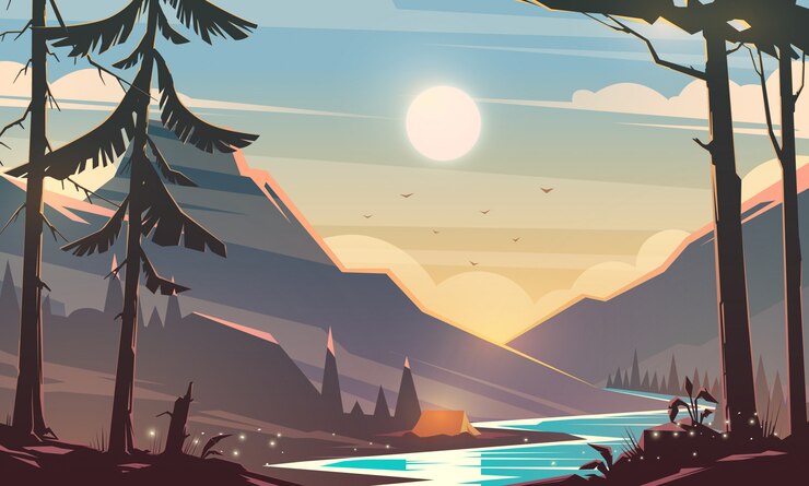 Increíble paisaje de montaña. Concepto de ilustración moderna Vista emocionante A grandes montañas están rodeadas de río. Cámping. Recreación al aire libre. Puesta de sol.