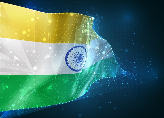India, bandera, objeto virtual abstracto 3D de polígonos triangulares sobre un fondo azul.