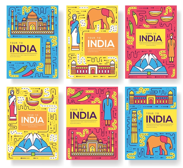 Vector india folleto tarjetas conjunto de línea delgada