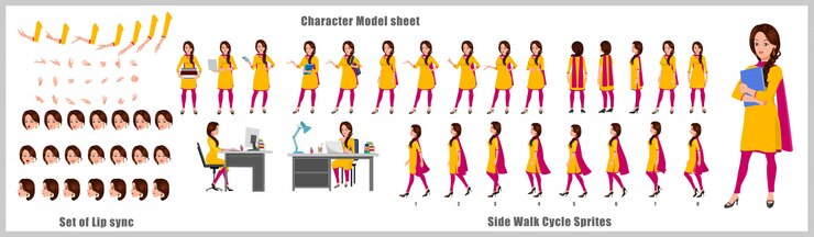 Indian Girl Student Diseño de personajes Model Sheet con animación de ciclo de caminata. Diseño de personajes de niña. Frontal, lateral, vista posterior y poses de animación explicativas. Conjunto de caracteres con varias vistas y sincronización de labios