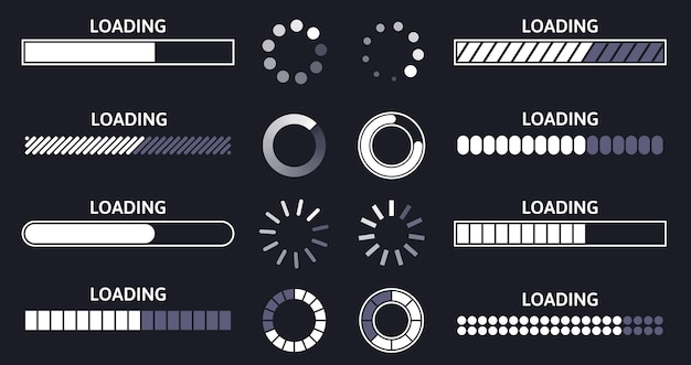 Indicador de carga barra de estado de carga progreso de descarga de búfer redondo y carga de línea o transferencia de archivos barras de espera conjunto de símbolos vectoriales