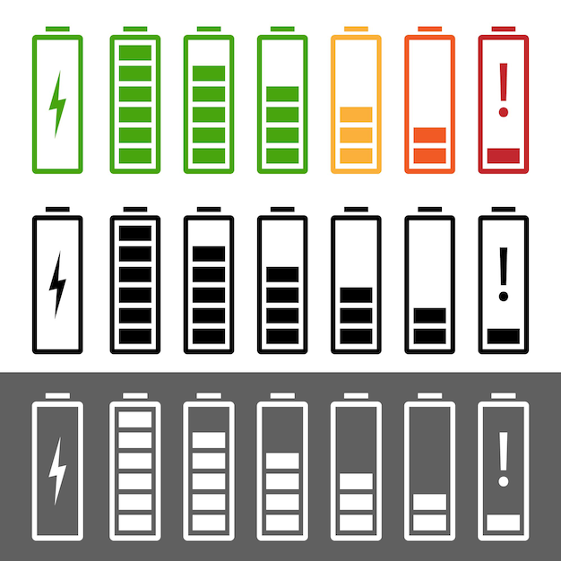 Indicador de carga de la batería Nivel de conjunto de iconos vectoriales Energía de la batería poderosamente llena Energía agotándose Logotipo de las baterías de estado Nivel de carga barra de carga vacía Gadgets etiquetas alcalinas