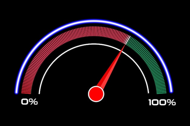Indicador de indicador o medidor Icono de velocímetro con escala roja amarilla verde y flecha Gráfico de rendimiento de progreso Ilustración vectorial