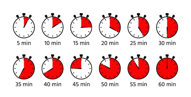 Indicadores de fecha límite del cronómetro Símbolos de cronómetros Relojes redondos con diferentes minutos Temporizador de cuenta regresiva