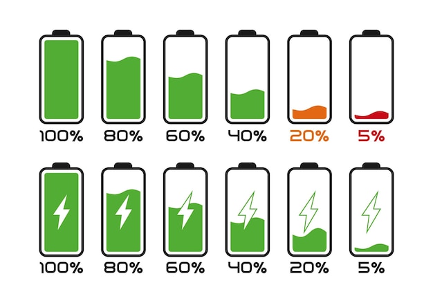 Vector indicadores de nivel de batería en porcentaje símbolos indicadores de duración de la batería 0100 por ciento teléfono inteligente o