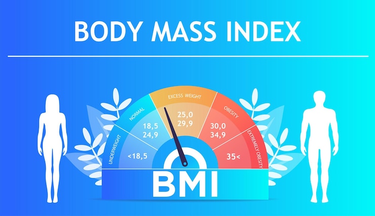 Vector índice de masa corporal y concepto de ejercicio físico escalas de gráfico obesas aisladas ilustración vectorial plana