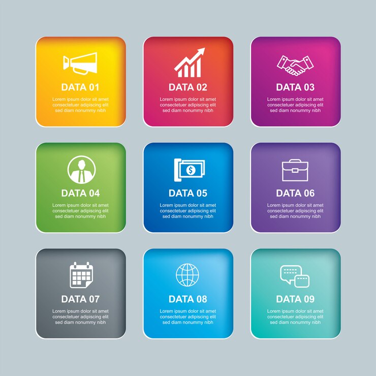 Vector índice de papel de rectángulo de infografía con plantilla de 9 datos.