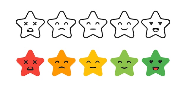 Índice de satisfacción. Conjunto de iconos de estrellas de retroalimentación en forma de emociones. Excelente, bueno, normal, malo, espantoso. ilustración