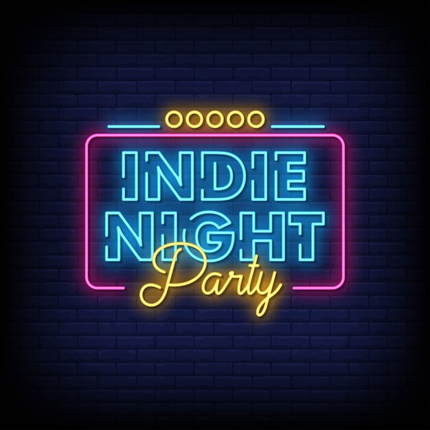 Indie Night party letrero de neón en la pared de ladrillo