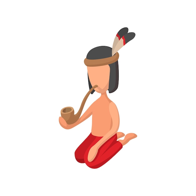 Vector indio americano fumando una pipa de icono de la paz en estilo de dibujos animados sobre un fondo blanco