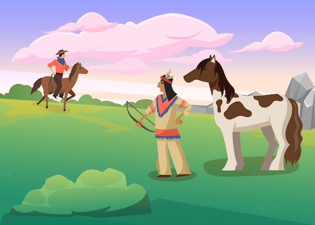 Vector indio sosteniendo el arco mientras está de pie junto al caballo. ilustración de dibujos animados