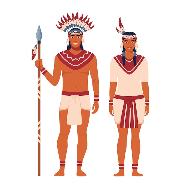 Indios americanos hombre y mujer pareja en ropa nacional tradicional nativos americanos