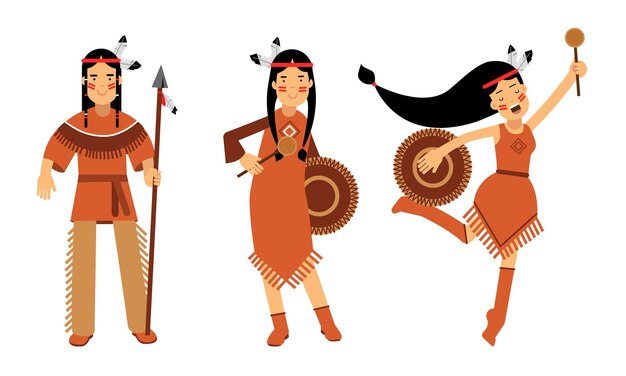 Vector indios rojos o indios americanos hombres y mujeres con ropa nacional de pie con lanza y baile conjunto de ilustraciones vectoriales