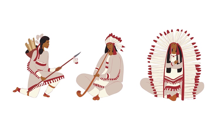 Vector indios rojos con ropa ancha con plumas conjunto vectorial