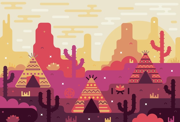 Vector indios tipi y wigwam en el paisaje de américa