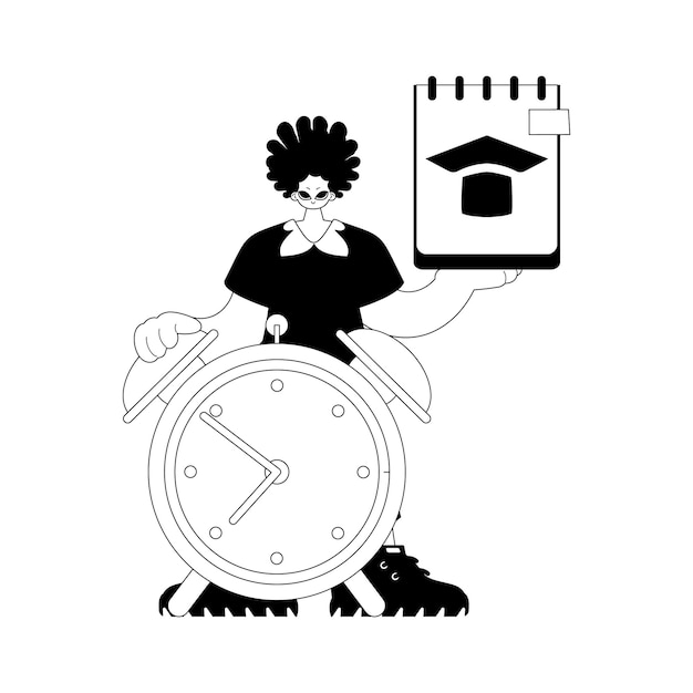 Individual con cojín de arañazos y reloj de precaución Tema de aprendizaje Desesperado y artesanal de línea blanca Estilo de moda Ilustración vectorial
